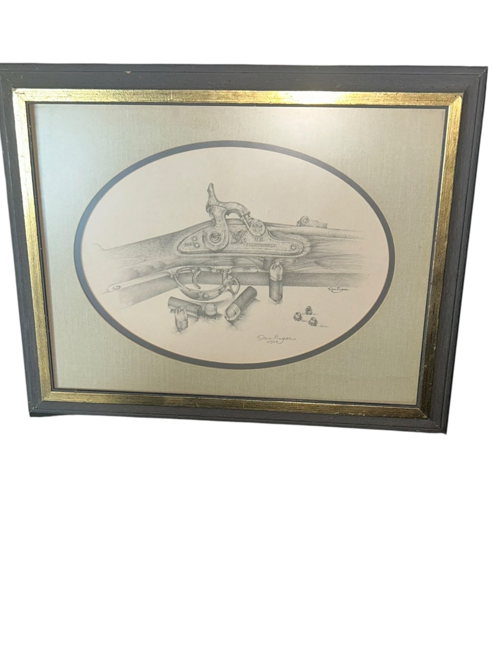 Framed Black & Gold Vintage Rifle Pencil Drawing by Dan Enger